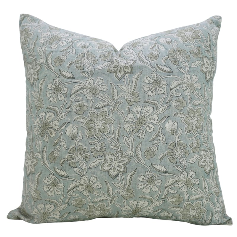 Fabdivine 12x20 Handmade Pure Linen Cushion Cover Floral Mustard Ideal for Sofa, Floral Block Print, Accent Décor, Bagru Buti - Pillow Covers - Jarul- Greenish Blue - 22" x 22"