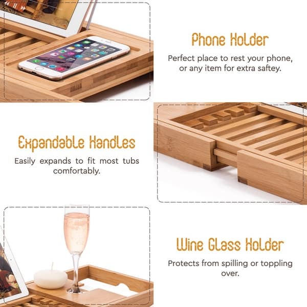 Bamboo Bathtub Tray Bath Tub Caddy with Expandable Handles Wine Glass Phone  Holder Book Stand for Bathroom Luxury Spa Wooden Bath Table Board for