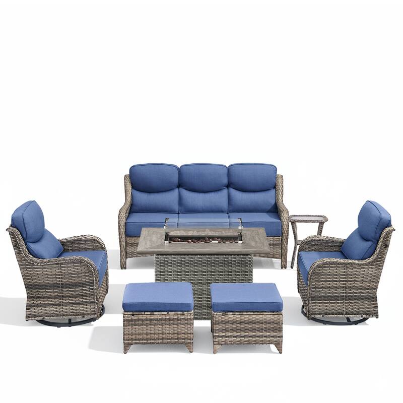 Meyreso 7-Piece Wicker Outdoor Patio Fire Pit Conversation Set with 6-Inch Thick Cushions