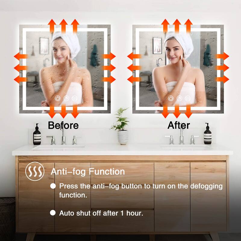 FTL Large LED Bathroom Vanity Mirror Wall Mounted Dimmable Anti-fog,Frameless,3-Color - 32×24in