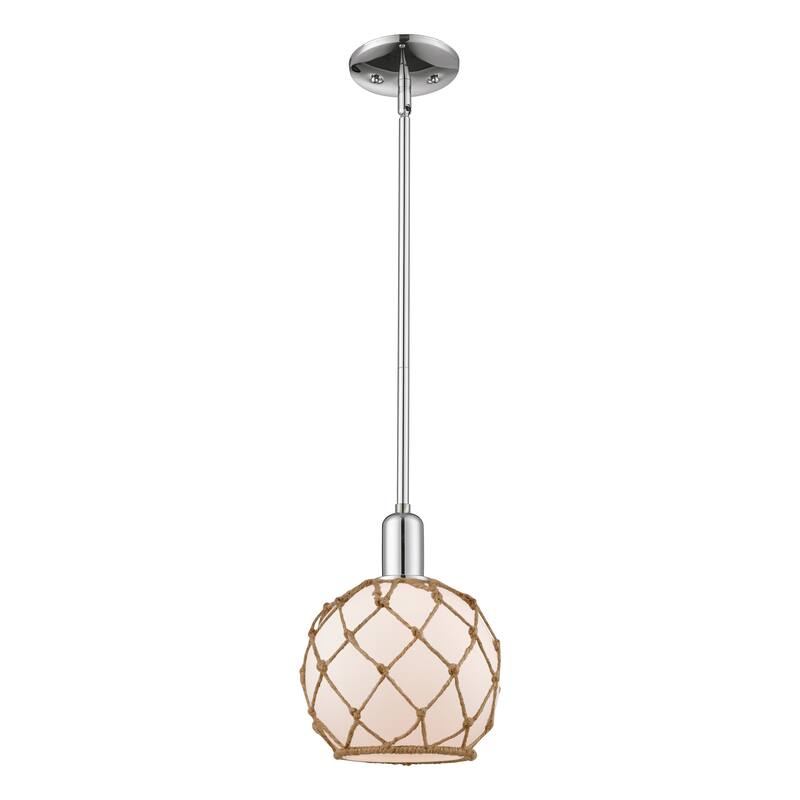 Innovations Lighting Endless Possibilities Arcadia - Farmhouse Rope - 1 Light 8" Stem Hung Mini Pendant - White Glass with Brown Rope/Polished Chrome