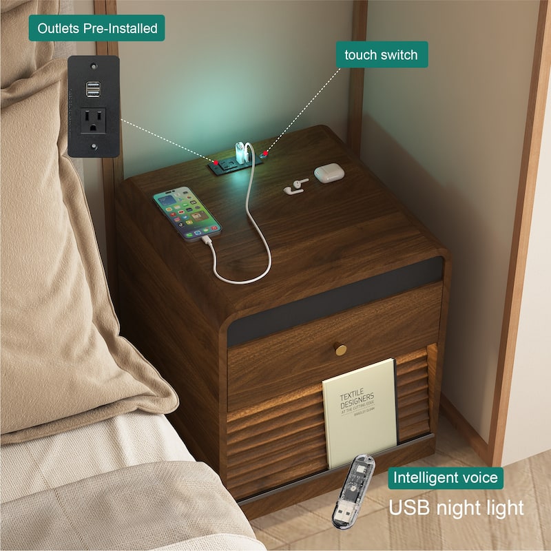 Nightstand with Charging Station, Smart Nightstand with Night Light,with Led Lights,Bedside Tables with Storage Cabinet