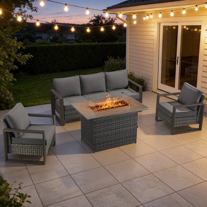 Meyreso Wicker Patio Conversation Set with Fire Pit Table & Olefin Cushions - Gray / Gray Cushions - 4-Piece