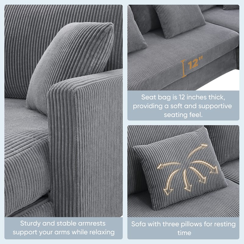 Modern L-Shaped Sofa with Reversible Chaise, 87" Corduroy Upholstered Sectional Sofa with Pillows