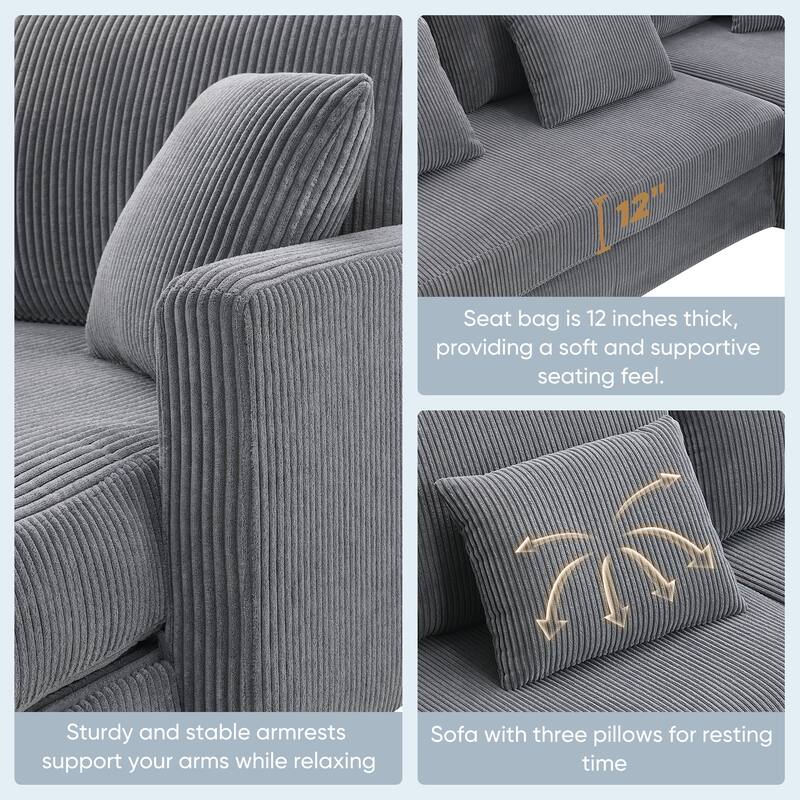 87X61"Modern L-shaped Corduroy Sofa with Reversible Chaise, 4-seat Upholstered Sectional Indoor Furniture for Living Room