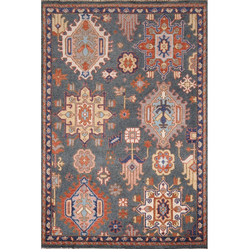 Geometric Oushak Indian Accent Rug Handmade Wool Carpet - 4'1" x 6'2"