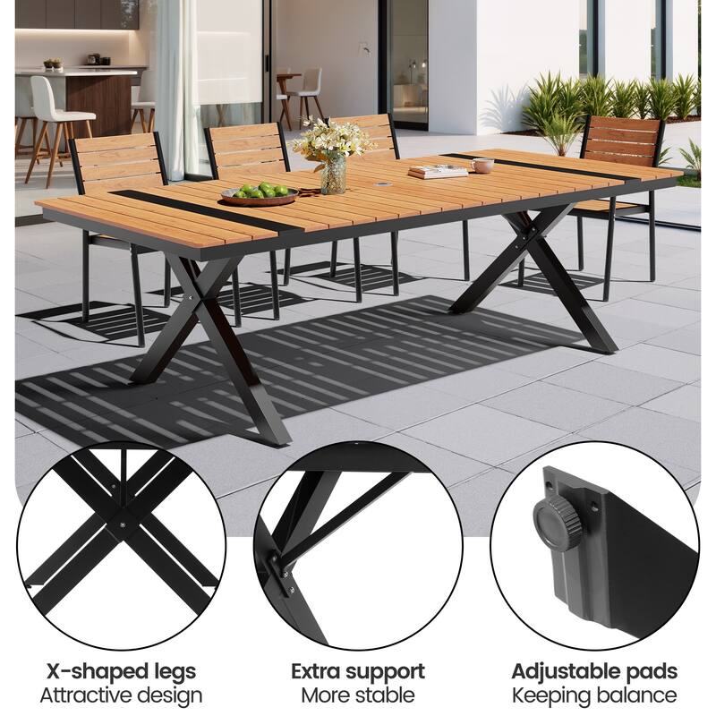 11-Piece Set Outdoor Aluminum Rectangular Dining Table with Umbrella Hole and Stackable Chairs