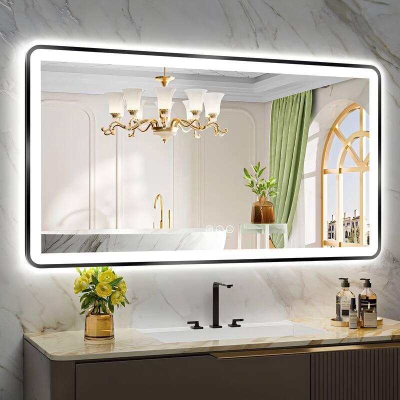 Framed Front & Back LED Lighted Anti-Fog Tempered Glass Wall Bathroom Vanity Mirror - 55" x 30"
