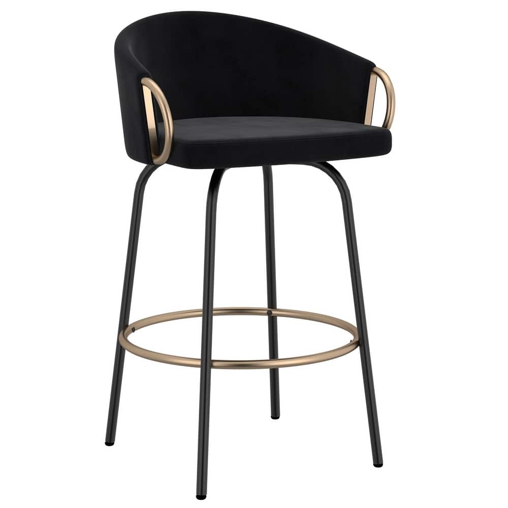 Contemporary Velvet and Metal 26" Counter Stool, Set of 4 - Grey and Black and Gold