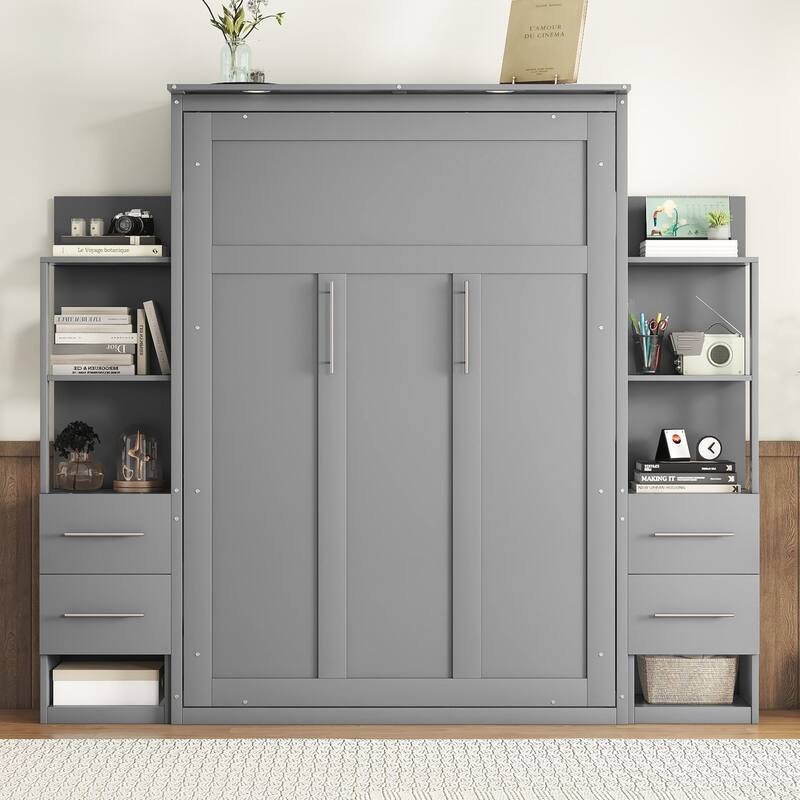 Space-Saving Full Size Murphy Bed with Storage, LED Night Lamp, and Flexible Slat Mattress Support