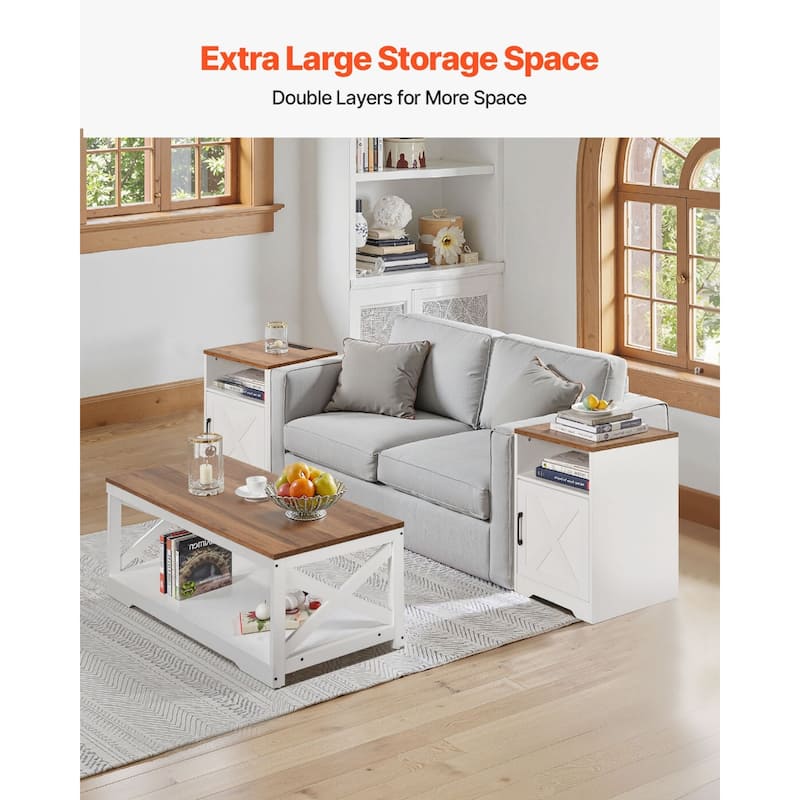 3-Piece White-Brown Wood Coffee Table Set with Power Outlets and Storage Space for Living Room - 40” x 21.7” x 18”