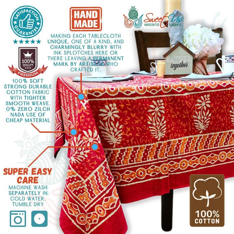 Dabu Floral Hand Block Print Cotton Tablecloth Rectangle Collection - Red
