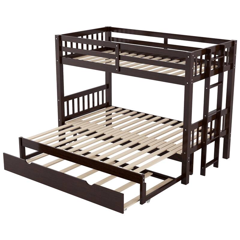Twin Over Pull-Out Bunk Bed with Trundle, Solid Wood Twin Over Twin/Double Twin Bunk Bed with Ladder and Full-Length Guardrail