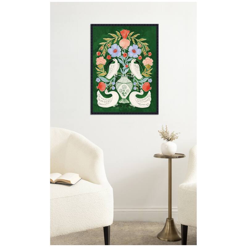Kate and Laurel Floral Folklore Ibises and Swan by Jill Labieniec Framed Canvas Wall Art Print
