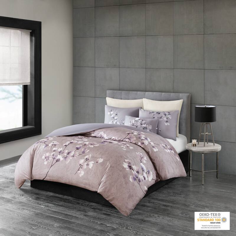 N Natori Sakura Blossom Lilac Cotton Sateen Printed Duvet Cover Set