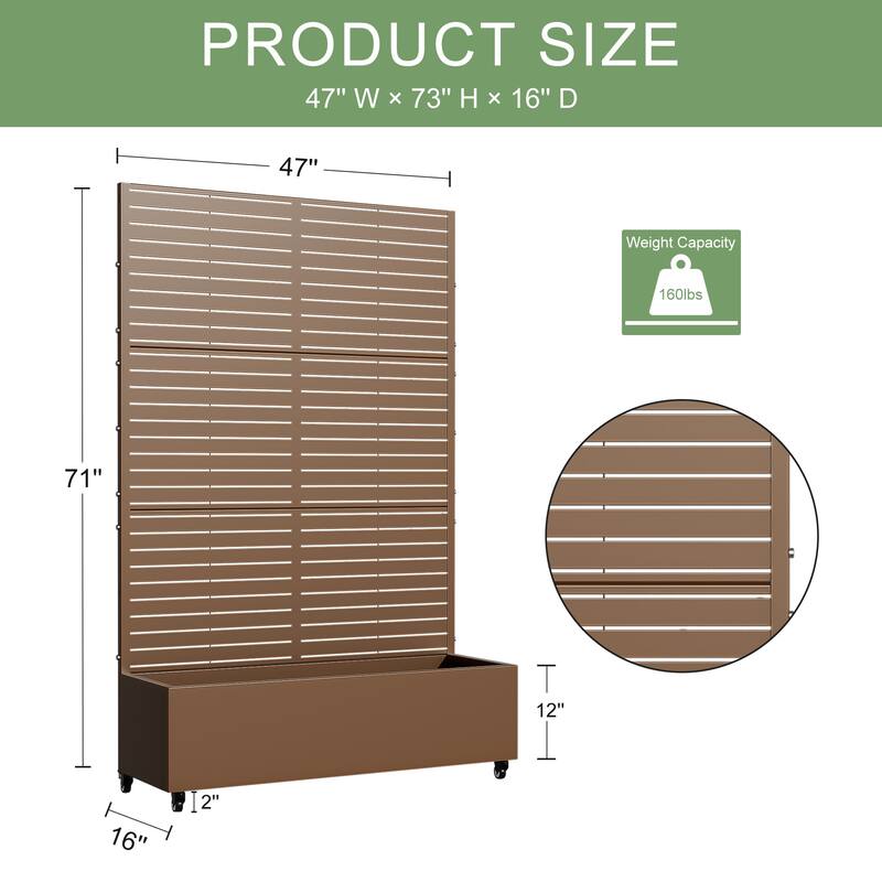 Metal Movable Planter Box with Trellis Privacy Screen Planter Box with Lockable Wheels - 72"x47"