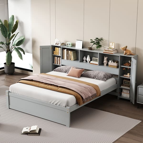 slide 2 of 30, Full Platform Bed with Storage Headboard, Lockers & Pine Wood Frame, Grey