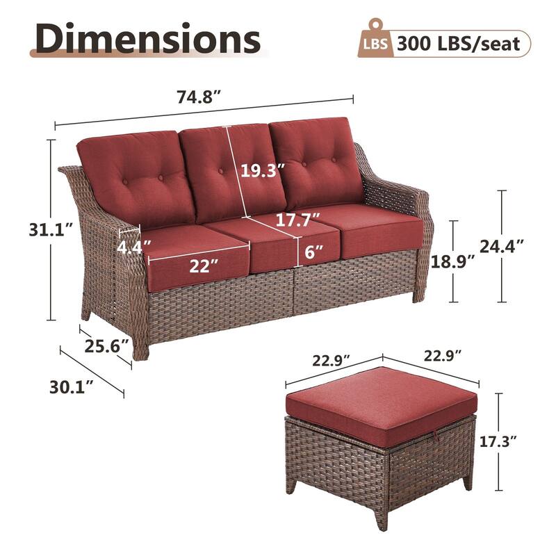 Artisan 3-Seat Wicker Patio Sofa with 6-Inch Thick Cushions and 2 Ottomans