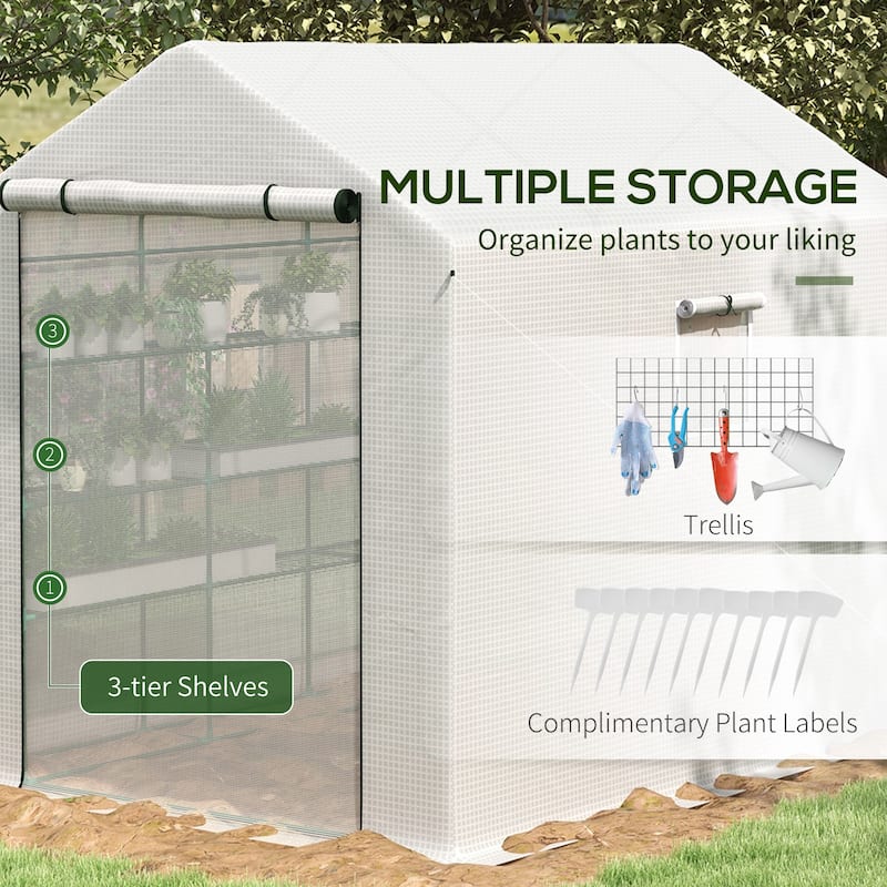 UV-Resistant Greenhouse Shed with Shelves & Mesh Door Garden Shed Plant Shed with Double-Layer Roll-Up Door