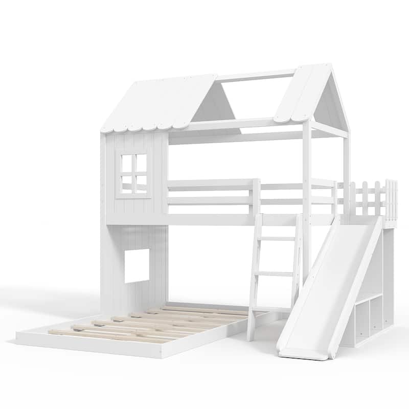 Twin over Full House Bunk Bed with Ladders and Slides, House Floor Bunk Bed with Storage Shelves and Wardrobe