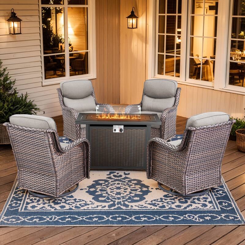 Pocassy Patio Swivel Chairs with 43 inch Fire Pit Table Set - Gray Cushion Brown Wicker - 5-Piece Fire Pit Table w/ Swivel Chair Set