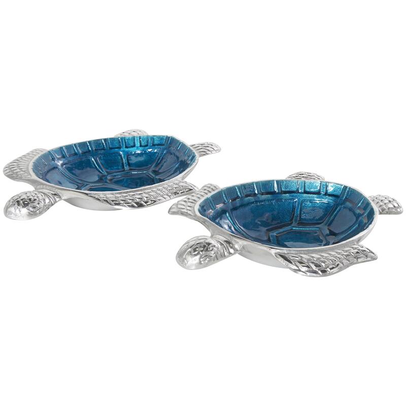 Aluminum Metal Turtle Handmade Enameled Decorative Bowl with Silver Exterior - Set of 2 White, Teal, Blue - Roche River Decor - Blue - 10", 8"W