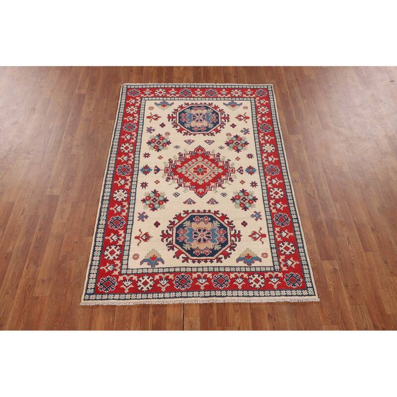 Geometric Ivory Kazak Accent Rug Hand-Knotted Wool Carpet - 3'11" x 5'11"