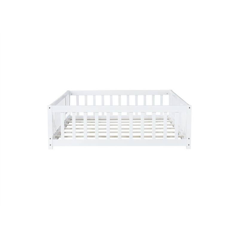 Twin/Full/Queen Size Floor Bed with Fence Guardrails and Door, Rubber Wood Toddler Bed Montessori Bed with Slats Support