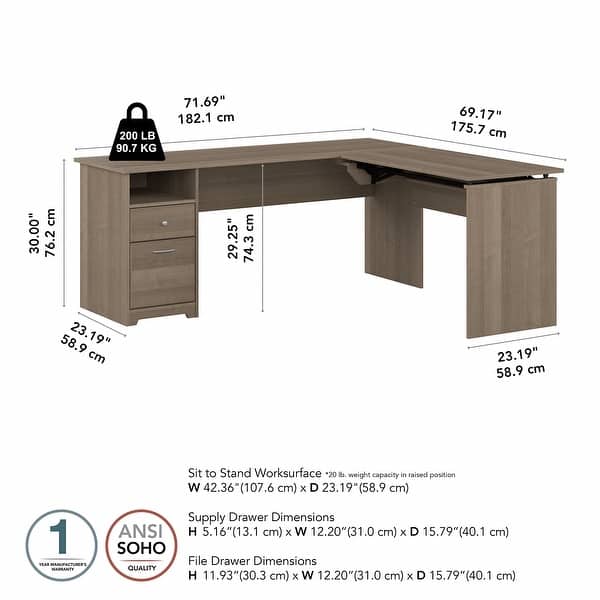 dimension image slide 4 of 6, 72W 3-position L-shaped Sit to Stand Desk by Bush Furniture