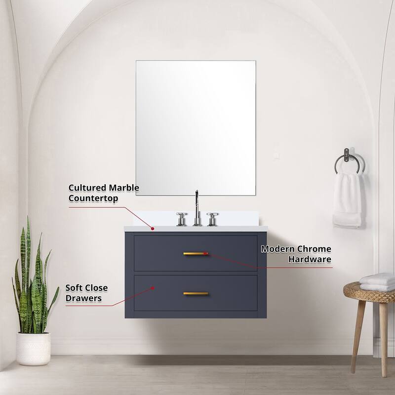 Bathroom Vanity Set with Carrara Marble Countertop, 28" Mirror, Chrome Gooseneck Faucet, Fully Assembled