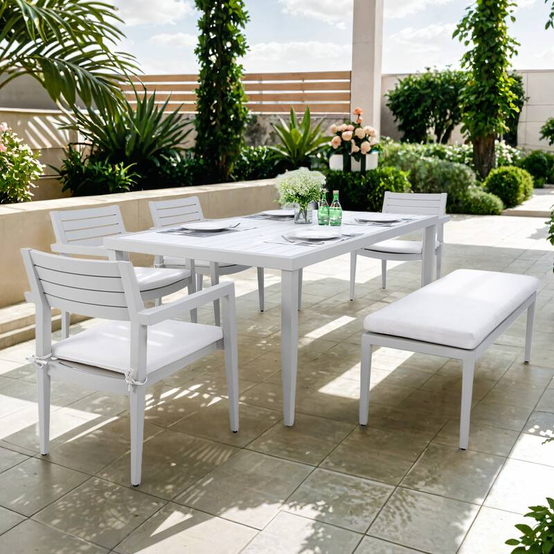 6PC Patio Aluminum Furniture, Modern Dining Set, including 4 Dining Chairs & 1 Dining Bench Sunbrella Fabric Cushioned a