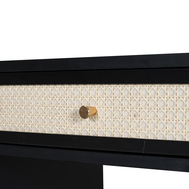 Vanity Set with Rattan Drawers, USB Ports & Stool