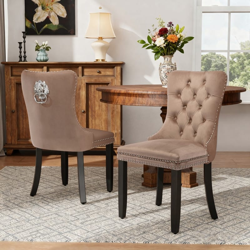 High-end Tufted Velvet Upholstered Nailhead Dining Chair Set of 6 - Set of 2 - Khaki