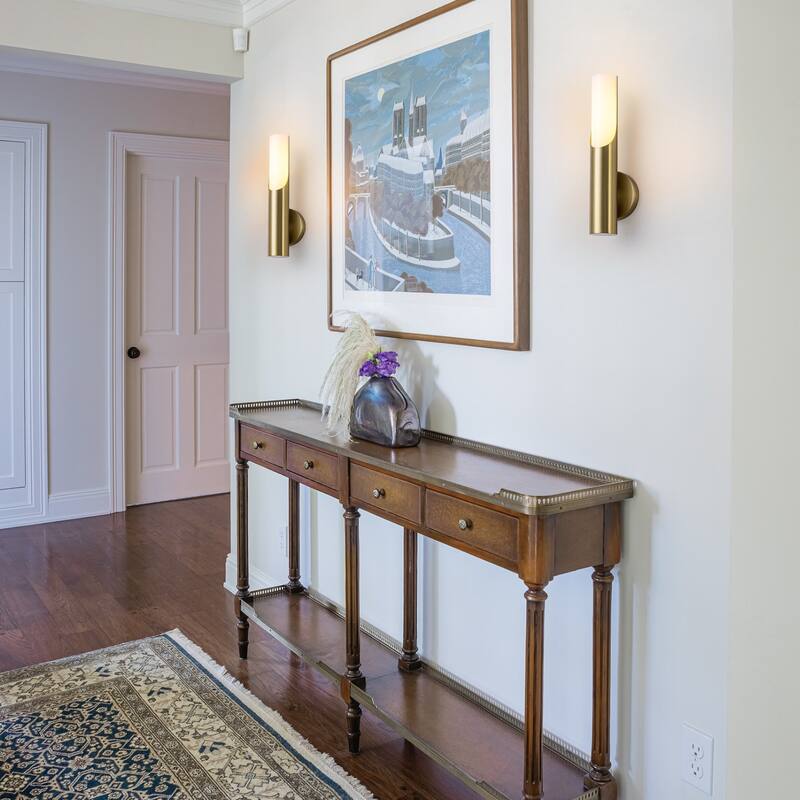 Modern 1-Light Brass Wall Sconce with Opal Glass Shade - 4.7" W x 4.3" D x 15" H