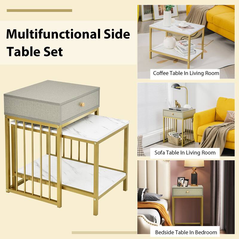 Costway Set of 2 Nesting Coffee Table Drawer Shelf Modern Sofa Side