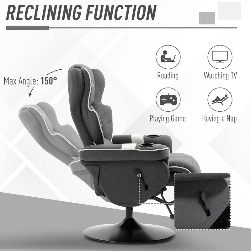 Swivel Recliner Chair with Linen Upholstery, Manual Lounge Armchair with Footrest & Dual Cup Holders for Living Room