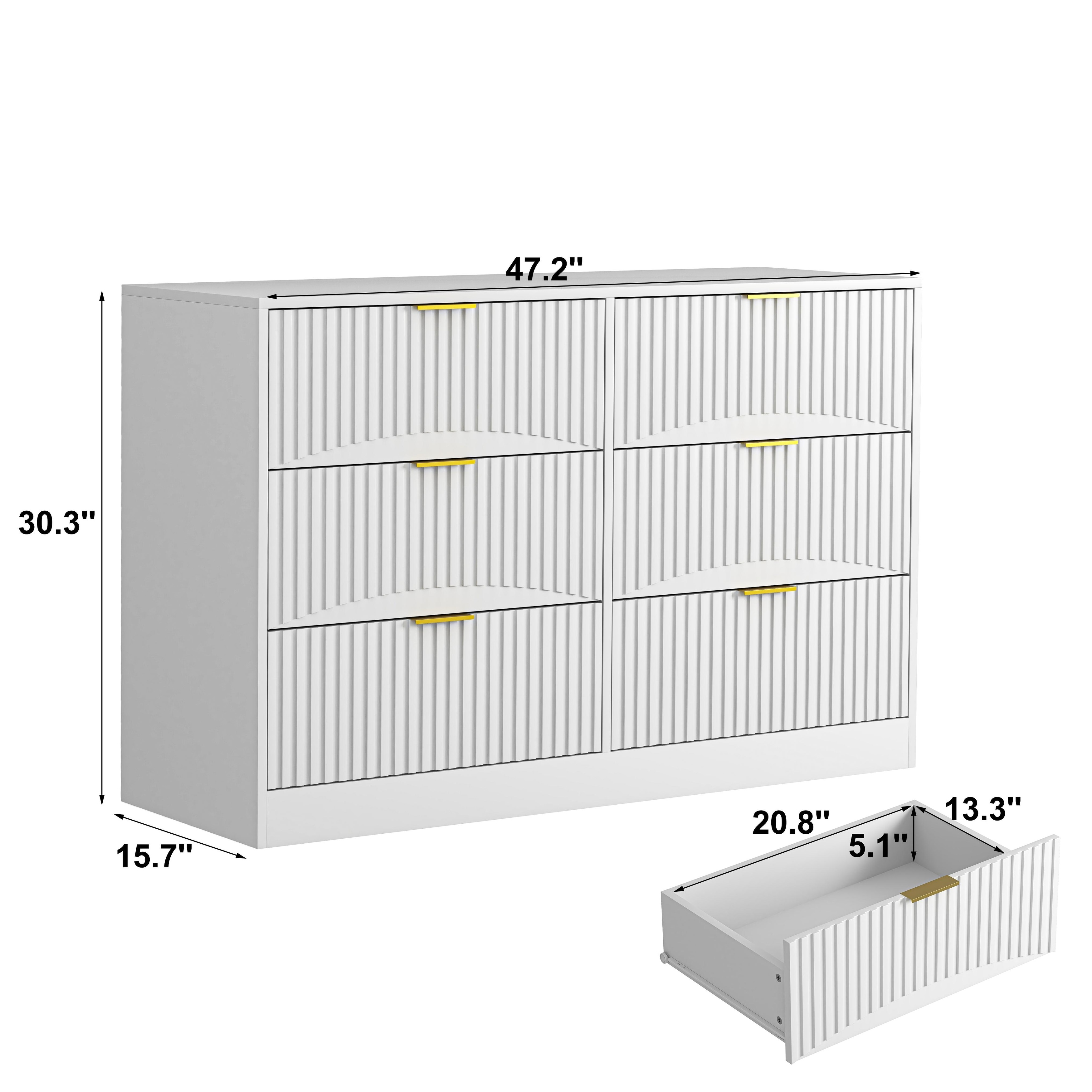Modern Six-Drawer Dresser With Wavy Pattern Panels, Large Storage Cabinet For Multiple Rooms