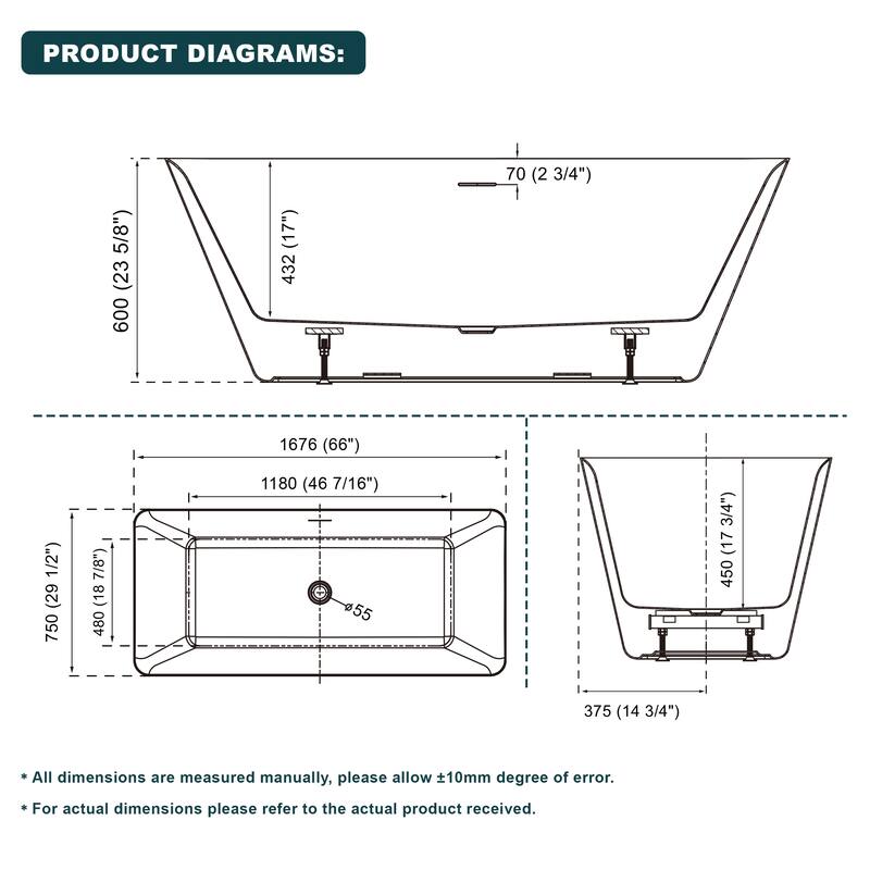 66'' W,78 GALLONS Freestanding Acrylic Soaking Bathtub With Drain And Overflow Holes