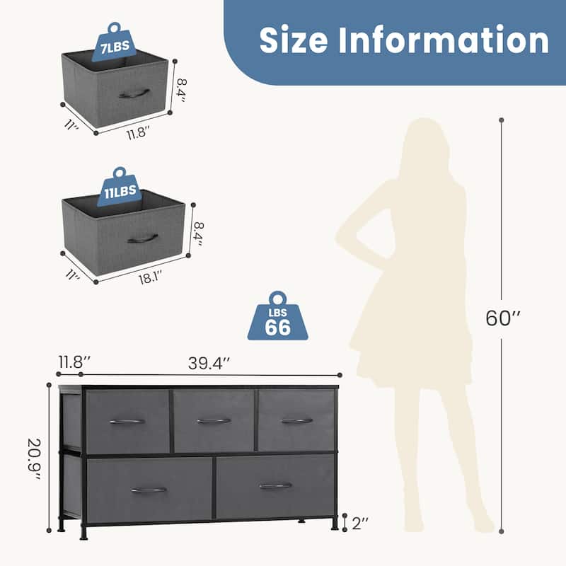 Tall Dresser Storage Tower with 5 Fabric Drawers