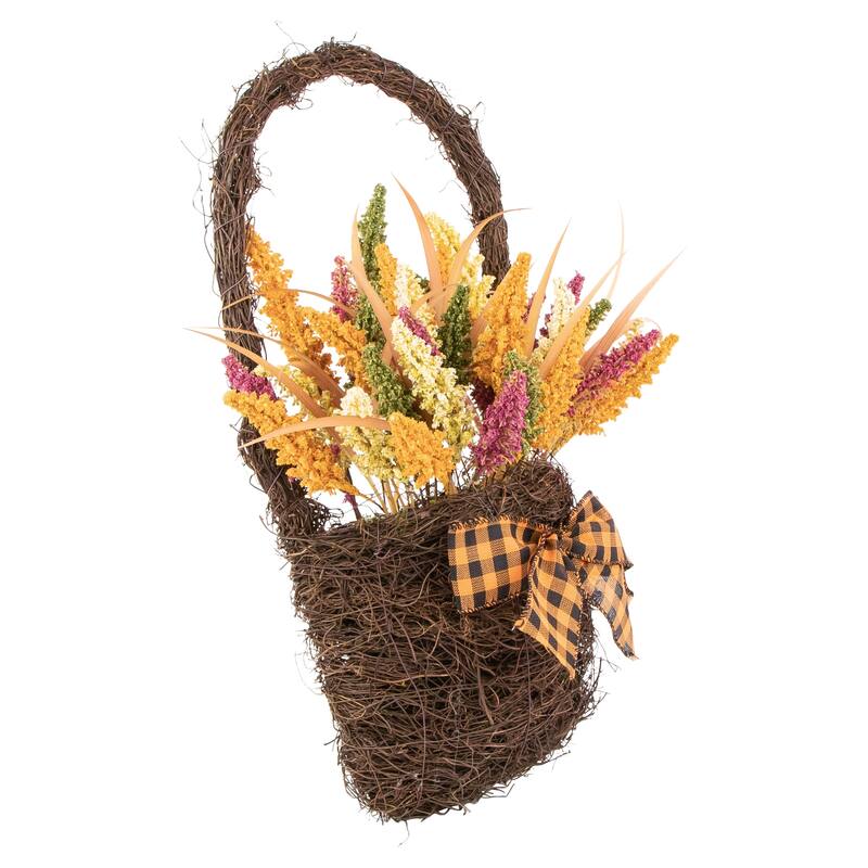 Autumn Harvest Hanging Basket with Artificial Foliage and Checkered Bow - 22"