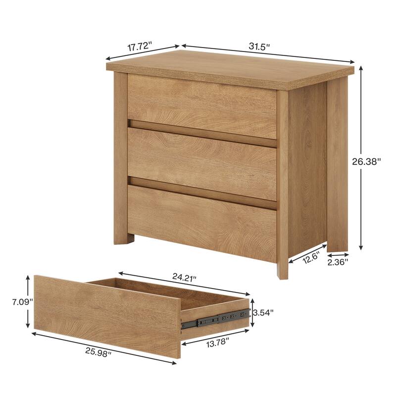 Industrial Wood Nightstand Bedside Table with 3-Drawer for Bedroom