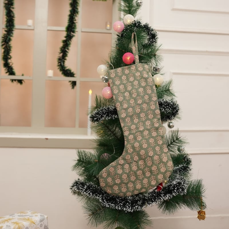 Fabdivine Hand Block Floral Print Christmas Knit Stockings, Home Decorative Gift Use - 16"X6.5"