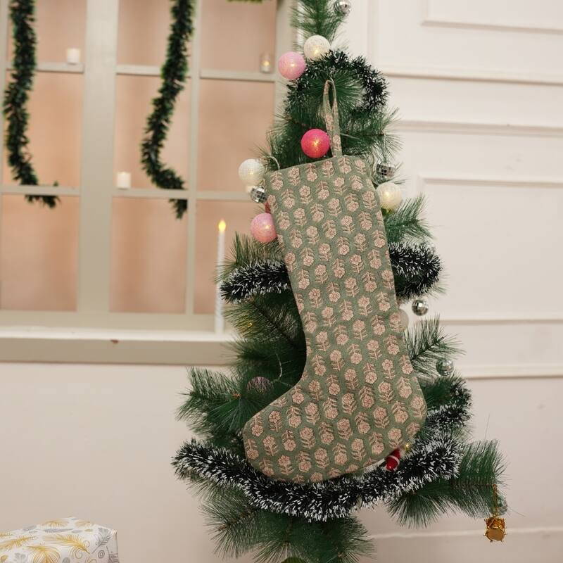 Fabdivine Handmade Linen Floral Block Print Christmas Stocking Home Décor Perfect for Gift - 10"X4.5"