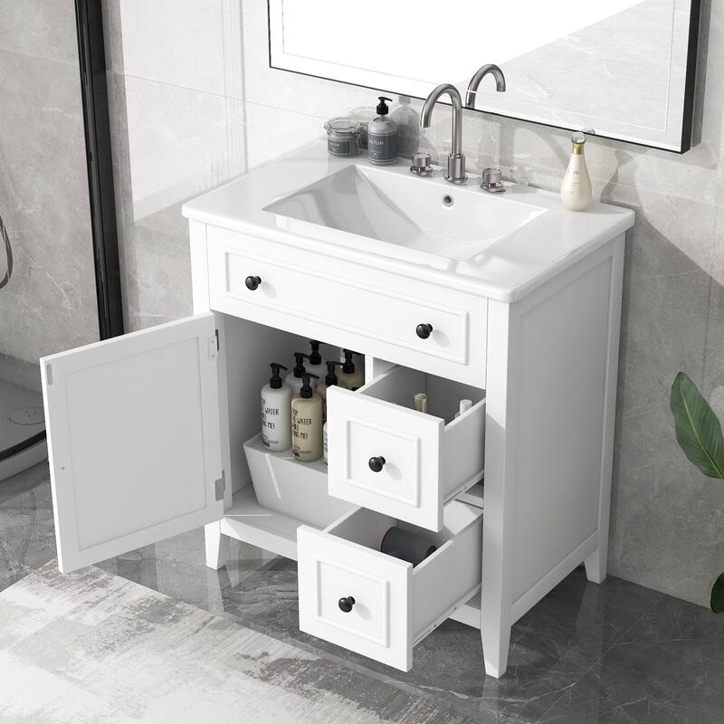 30'' Solid Wood Bathroom Vanity with Cabinet, 2 Drawers, and Ceramic Sink