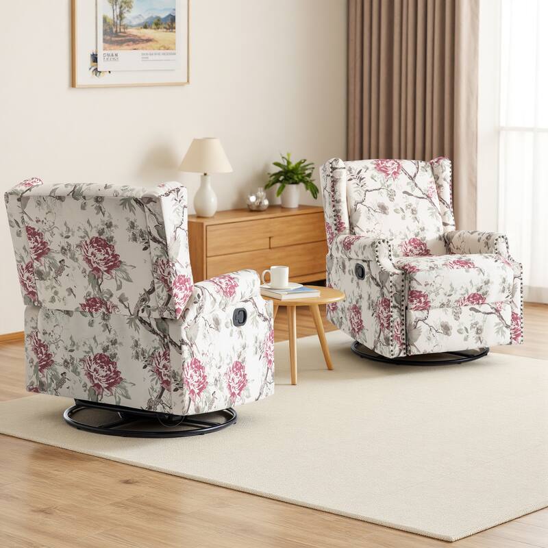 Floral Linen Manual Recliner Chair with Footrest set of 2