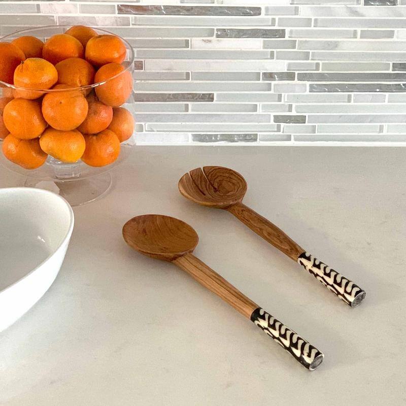 Handmade Olive Wood Serving Utensils with Natural Batik Bone Handles (Kenya)