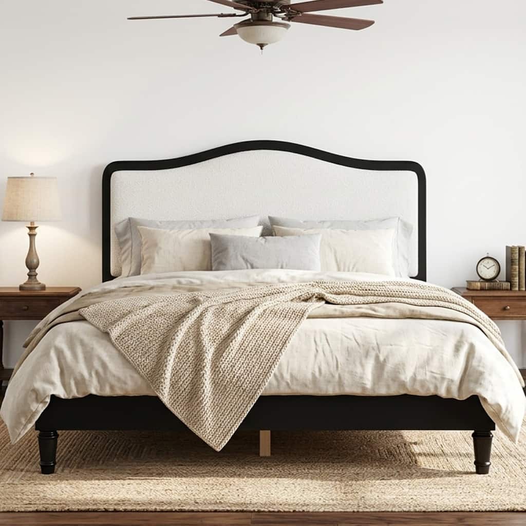 Javlergo Queen/King Size Solid Wood Platform Bed with Upholstered Headboard No Box Spring Needed Wooden Slats Support