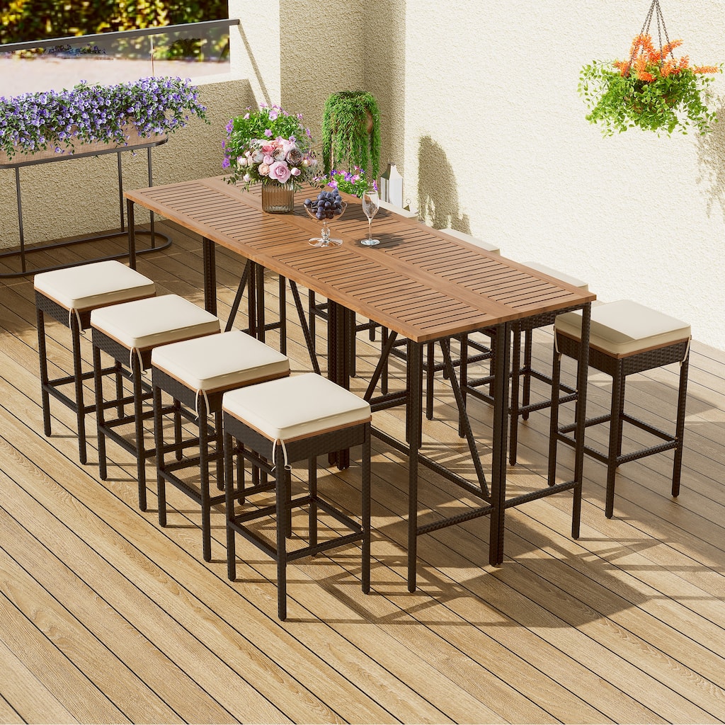 10 Pcs Outdoor Acacia Wood Dining Table Set, All-Weather Patio Furniture Set with 8 Stools and 2 Table with Foldable Tabletop