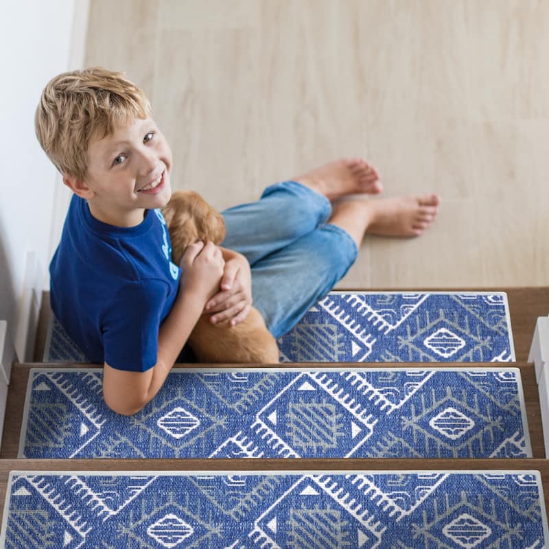 SussexHome Monument Design 9" X 28" Stair Treads - 70% Cotton Anti-Slip Carpet Strips for Stairs-with Double Adhesive Tape - 13 PACK - Navy