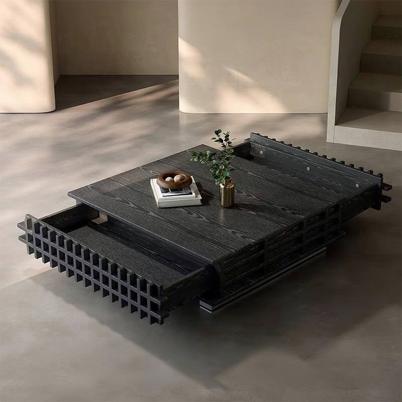 31.5’ Black Multi-Layer Solid Wood Square Coffee Table with 2 Grid Finish Drawers - 7'6" x 10'9"